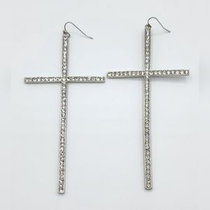 Silver Tone With Clear Rhinestones Statement 4.5" Cross Religious Earrings